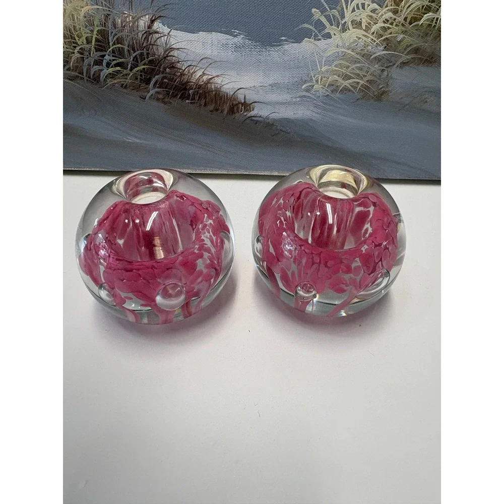 Zimmerman Art Glass Pink Floral Controlled Bubble Candle Holder Set of 2 Indiana